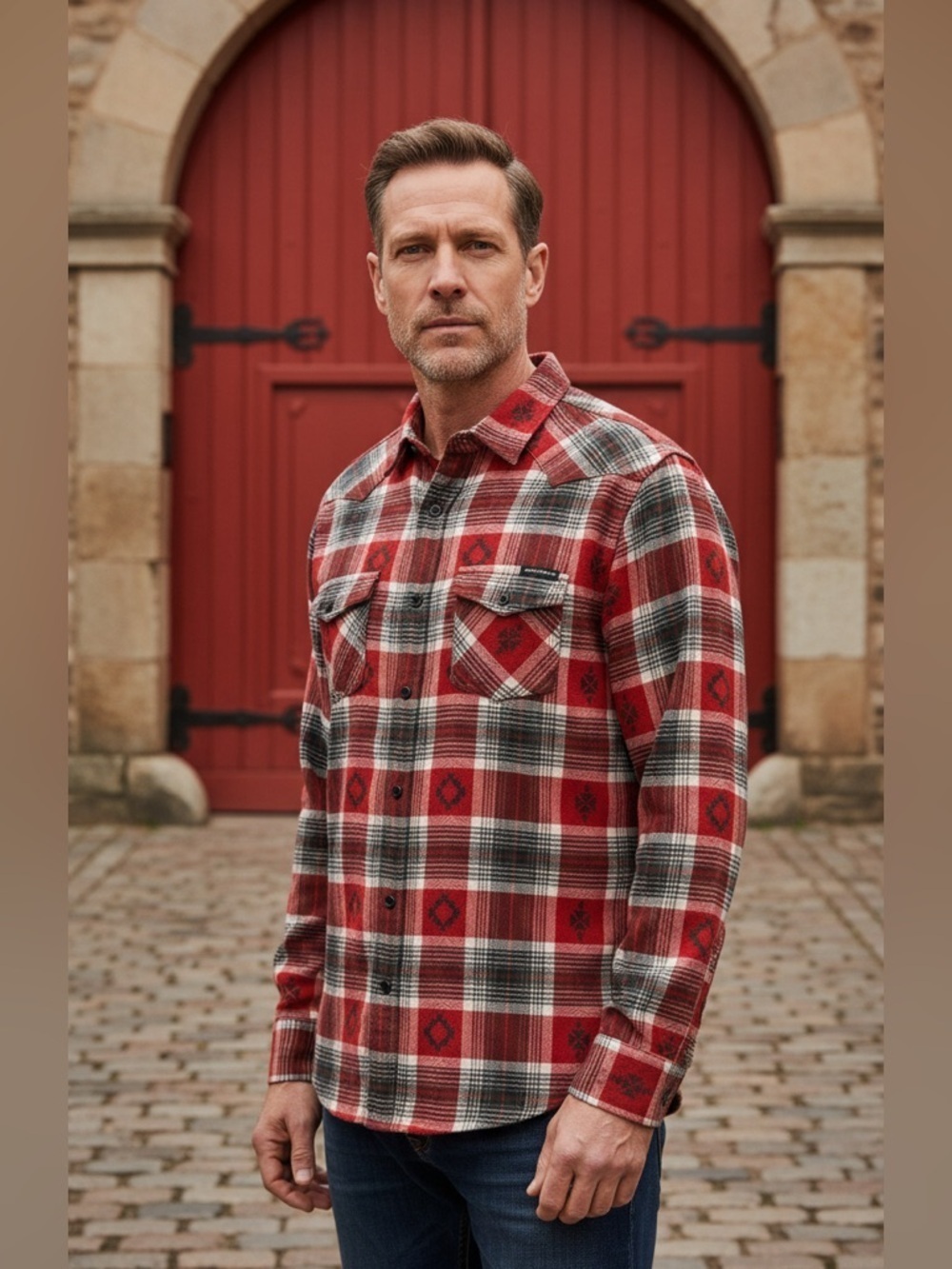 Lucky Brand Red and White Plaid Unisex Shirt With Southwestern Details